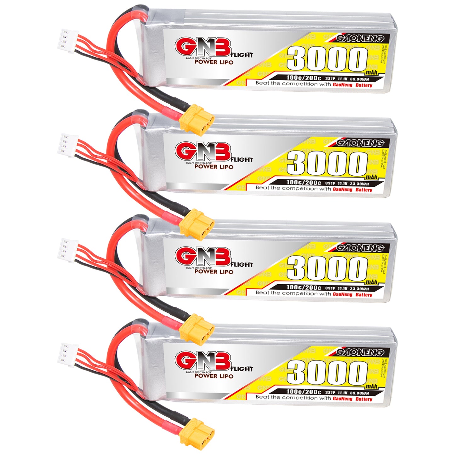 Four GNB 3000mAh 3S LiPo batteries stacked diagonally with XT60 connectors and balance leads