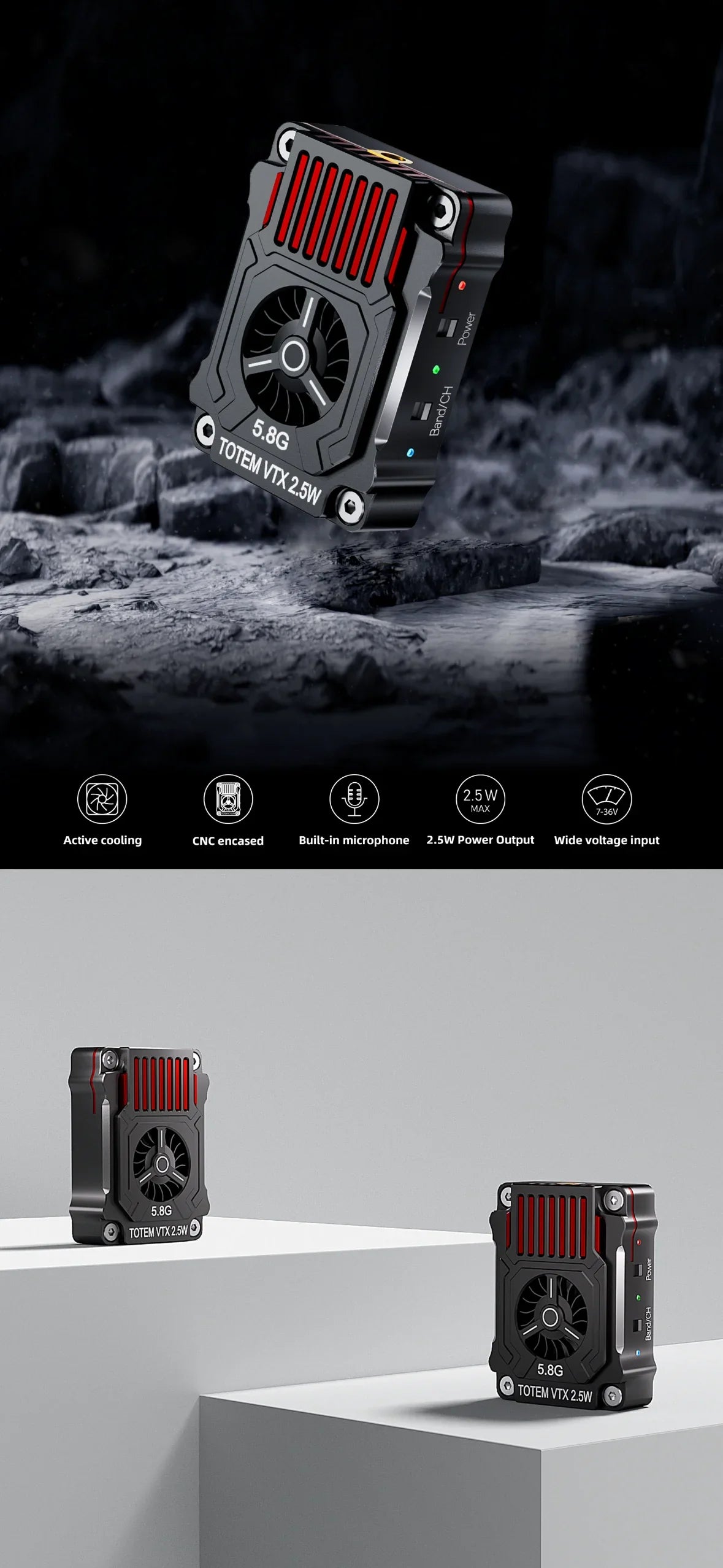 TOTEM 5.8G 2.5W 48CH VTX - 25mW/400mW/800mW/1600mW/2500mW 48CH 5.8GHz Switchable Video Transmitter For Fixed Wing Airplane FPV Drone 8 TOTEM 5.8G 2.5W 48CH VTX, 2.5W MAX 7-36V Active cooling CNC encased Built-in microphone
