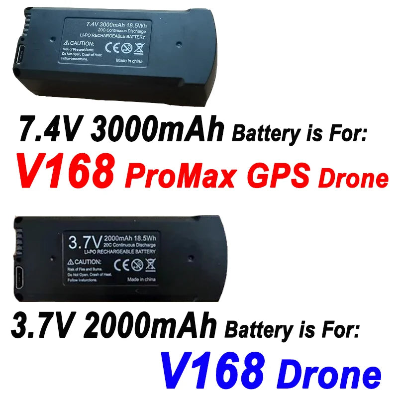 The Original V168 Drone Battery is a rechargeable 7.4V 3000mAh lithium-ion battery designed specifically for the V168 Pro Max GPS drone.