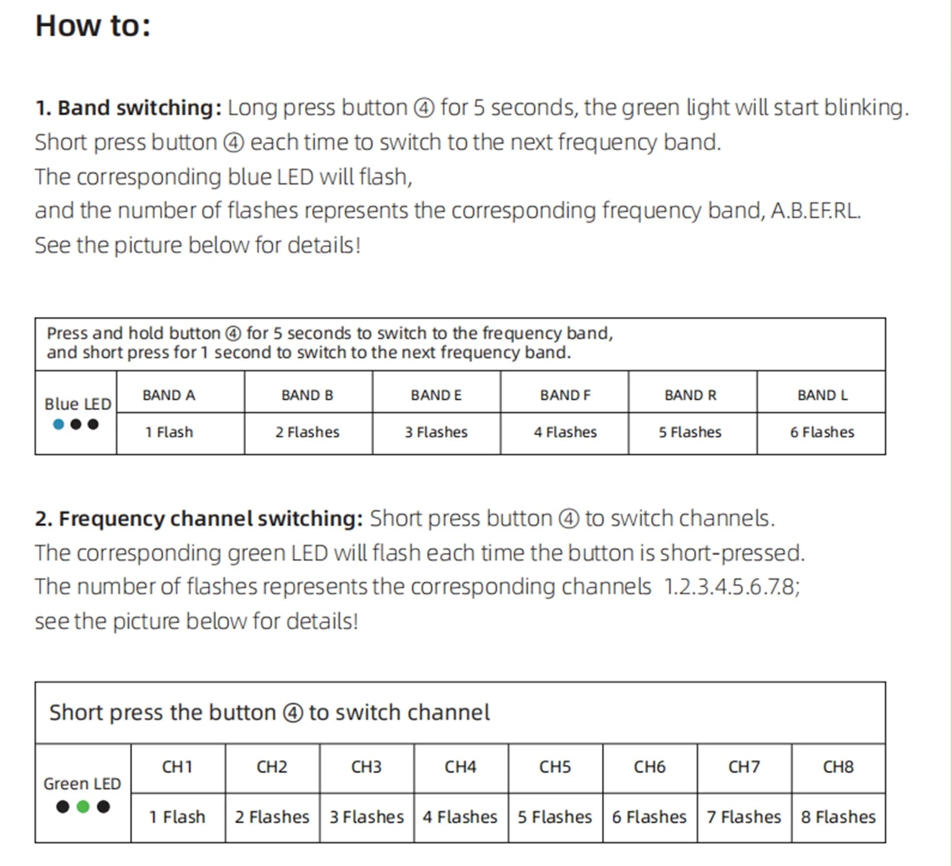 TOTEM 5.8G 2.5W 48CH VTX - 25mW/400mW/800mW/1600mW/2500mW 48CH 5.8GHz Switchable Video Transmitter For Fixed Wing Airplane FPV Drone 12 TOTEM 5.8G 2.5W 48CH VTX, the number of flashes represents the corresponding frequency band, A.B.EFRL