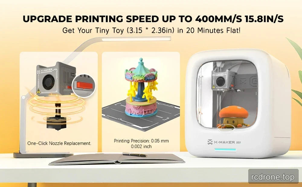 Feature panel shows the printer, one-click nozzle replacement graphic, 0.05 mm printing precision, and speed claim.