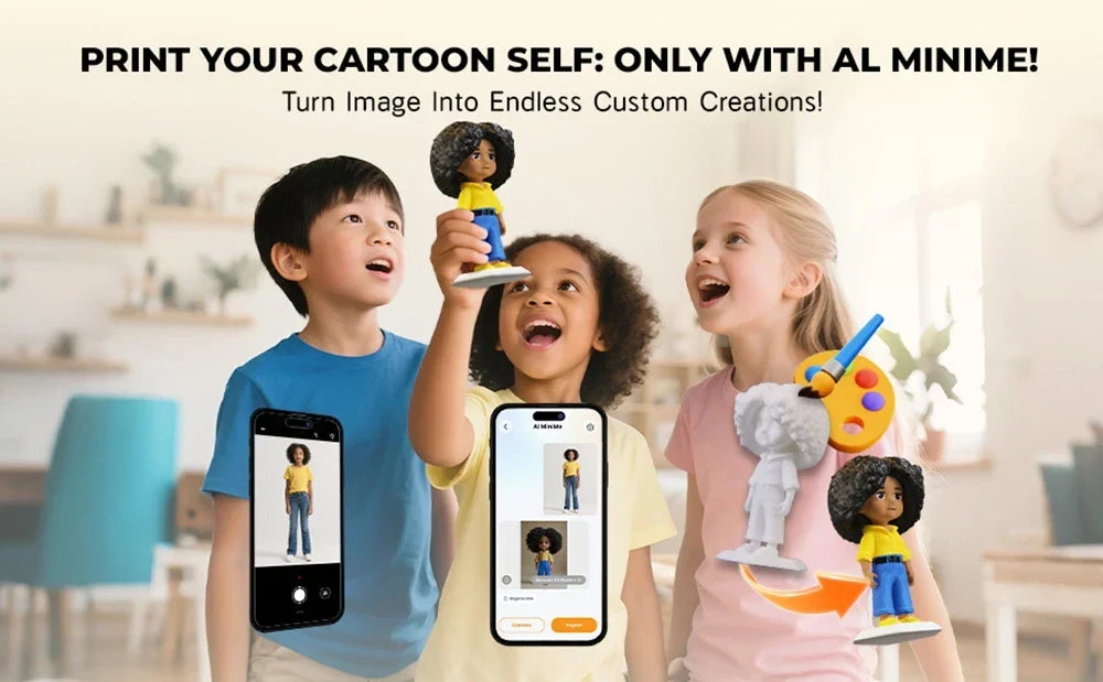Children use a phone app and hold a cartoon-style figurine, with a panel describing AI Minime custom creations.