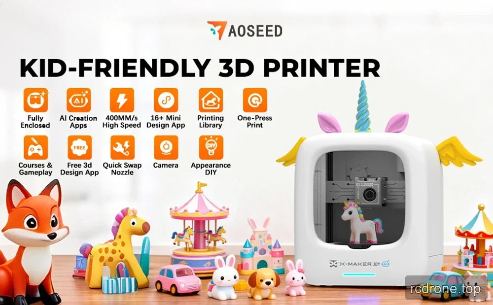 AOSEED kid-friendly 3D printer panel shows a decorated white printer surrounded by colorful toy models and feature icons.