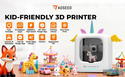 AOSEED kid-friendly 3D printer panel shows a decorated white printer surrounded by colorful toy models and feature icons.