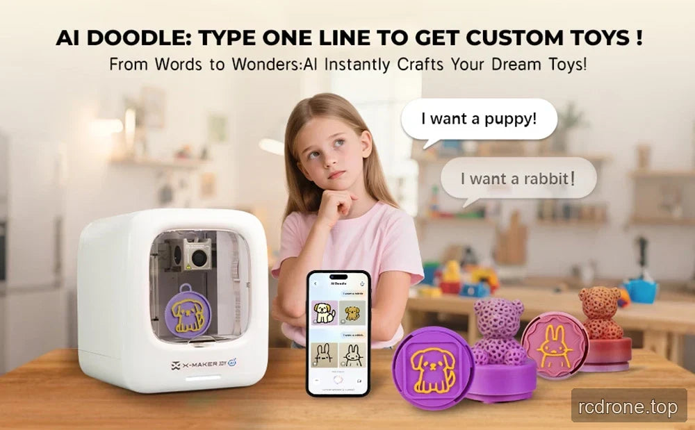 X-MAKER JOY printer and phone app shown beside animal-themed toy designs under an AI Doodle feature message.