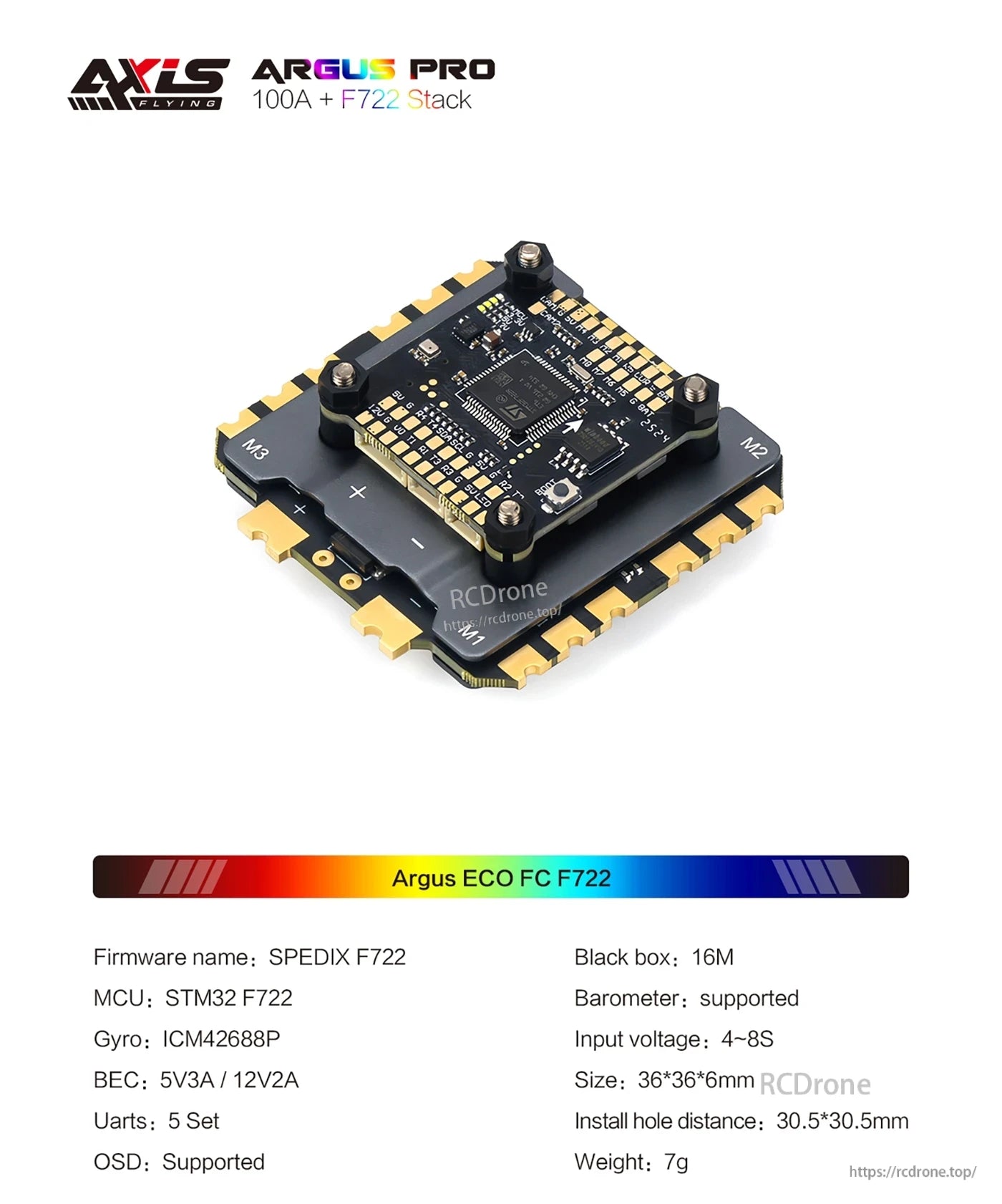 ARGUS PRO FPV Drone, ARGUS PRO 100A + F722 flight controller with STM32 F722 MCU, ICM42688P gyro, BEC, OSD, black box, barometer, supports 4-8S, 36×36×6mm, 7g.