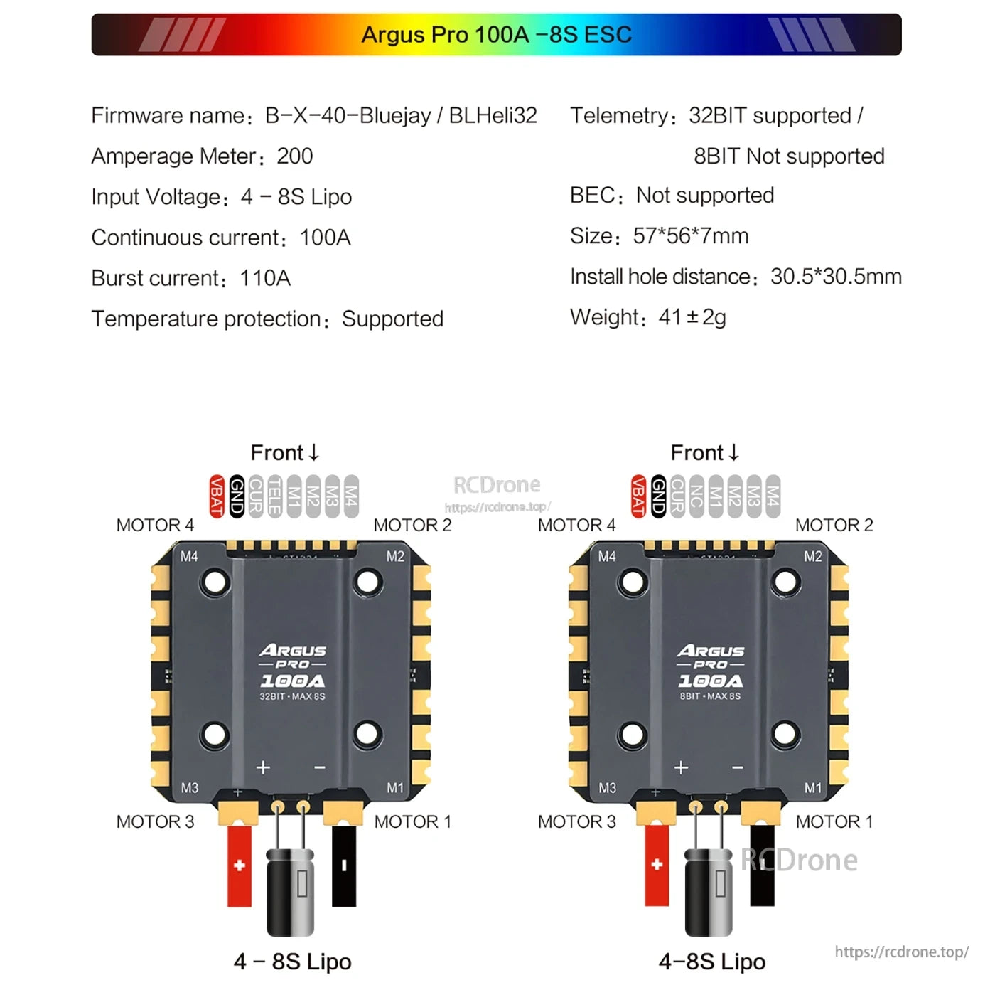 ARGUS PRO FPV Drone, Argus Pro 100A-8S ESC: 32BIT telemetry, 100A/110A current, 4-8S LiPo, temp protection, compact size, supports B-X-40-Bluejay firmware with 200A meter.