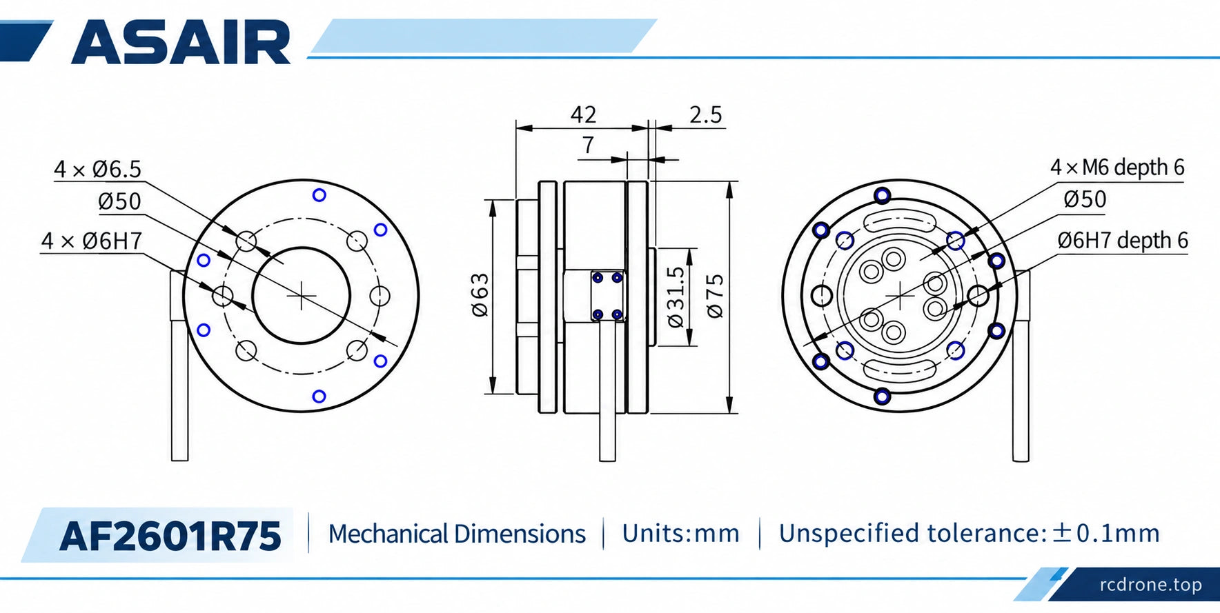 AF2601R75 dimensioned mechanical drawing