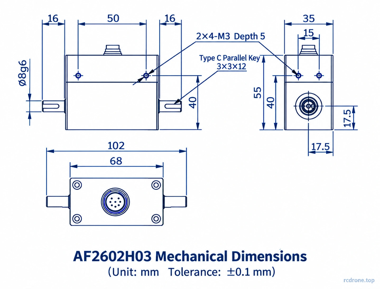 AF2602H03 shafts, mounting and mechanical dimensions