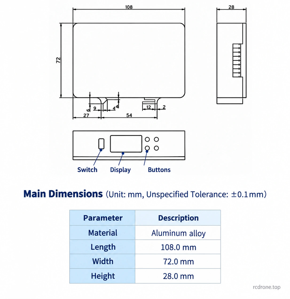 AF2603R20 enclosure dimensions and front controls