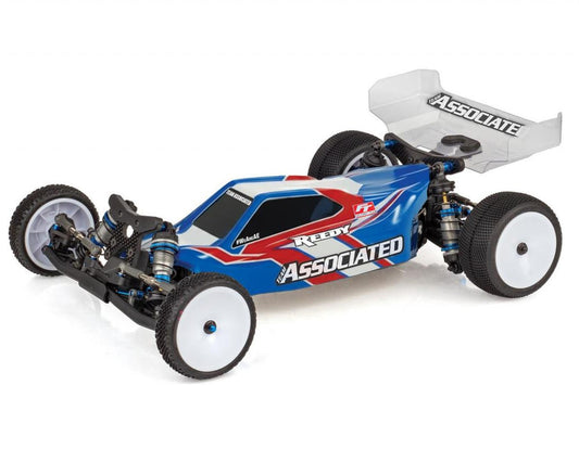 Team Associated RC10B7.1 1/10 2WD electric buggy kit with blue/red body, white wheels and rear wing