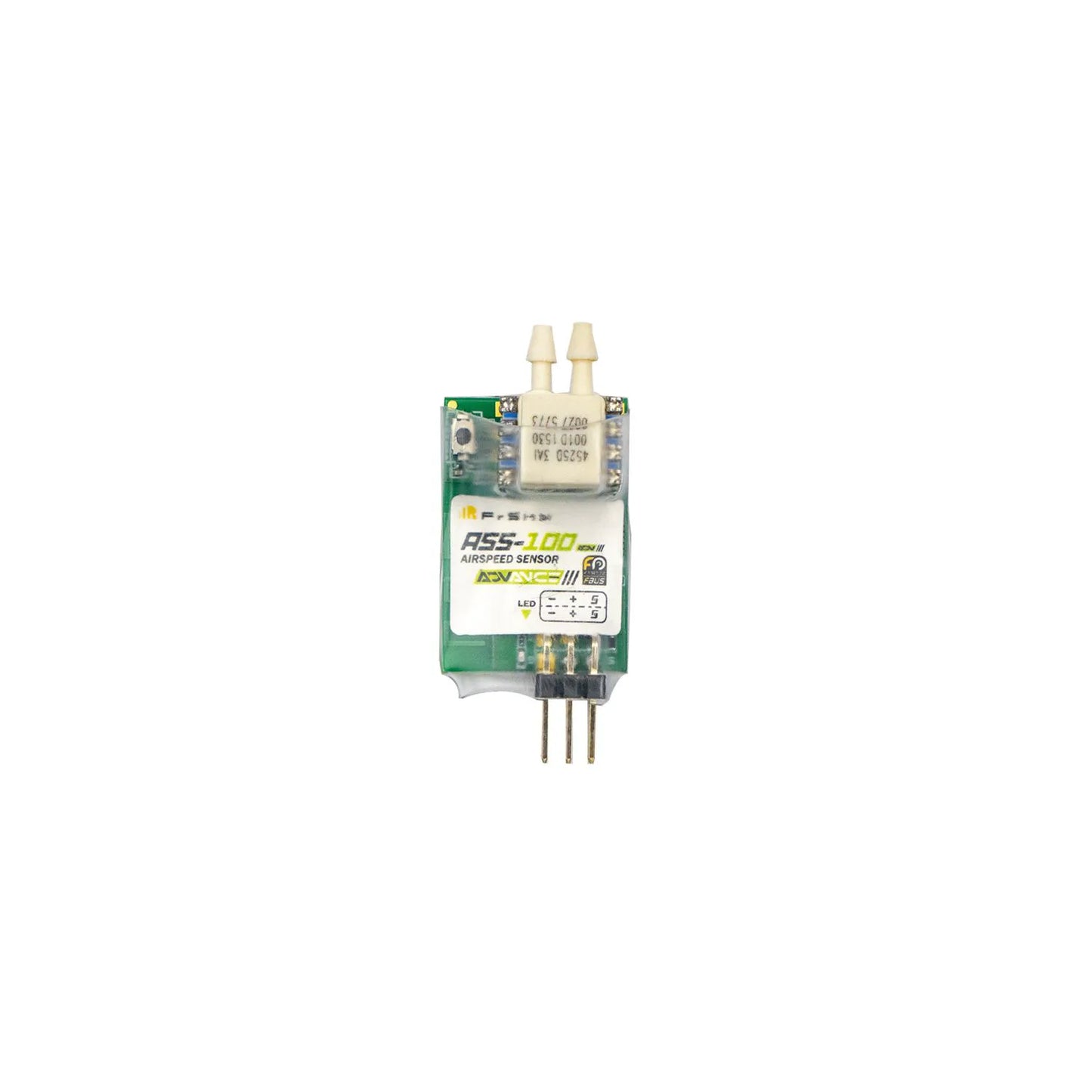 FrSky PAS100 ADV Air Speed Sensor module close-up with dual pressure ports and 3-pin header