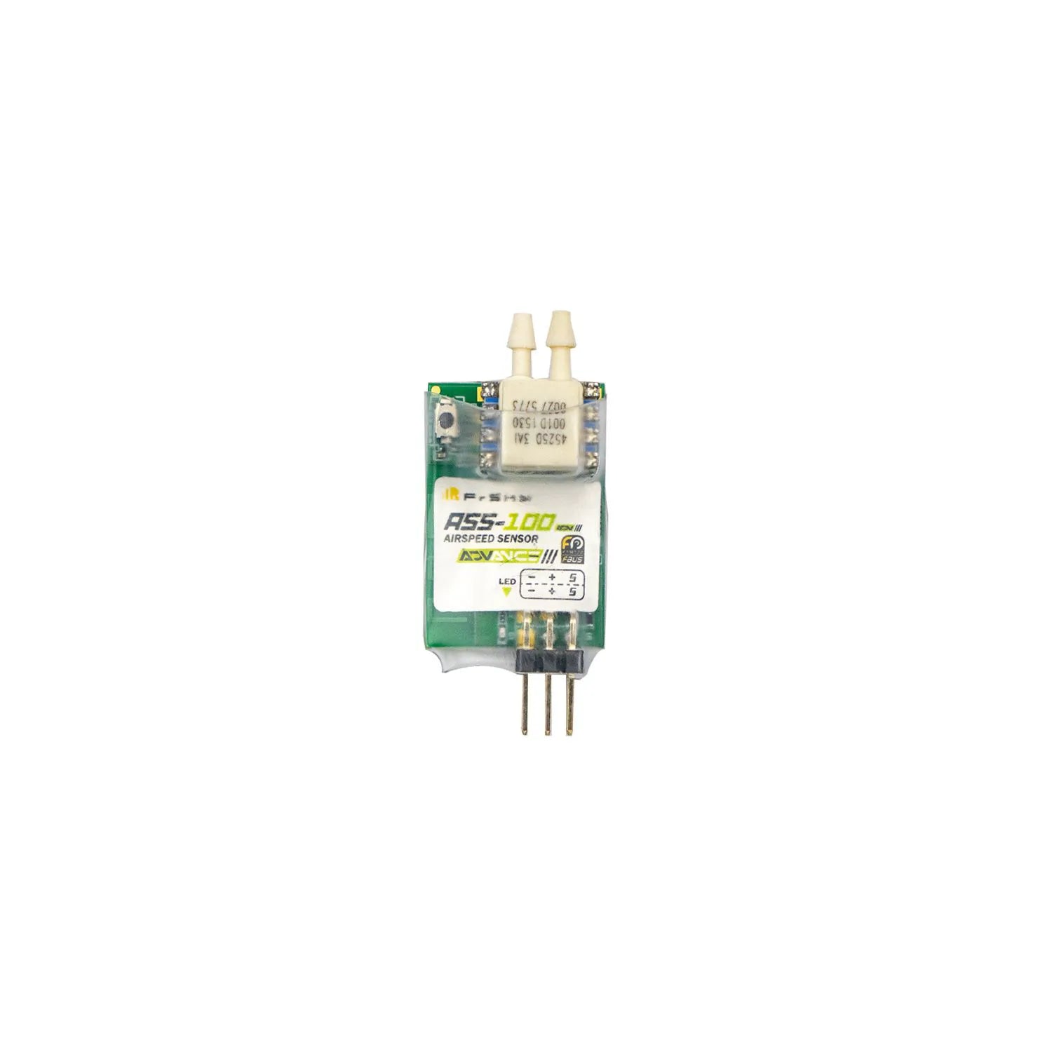 FrSky PAS100 ADV Air Speed Sensor module close-up with dual pressure ports and 3-pin header