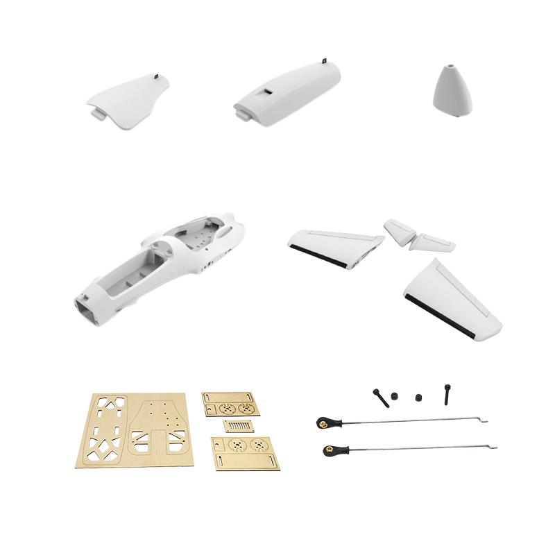 AtomRC Dolphin fixed wing parts kit with fuselage, wings, tail surfaces, hatches, plywood plates and pushrods