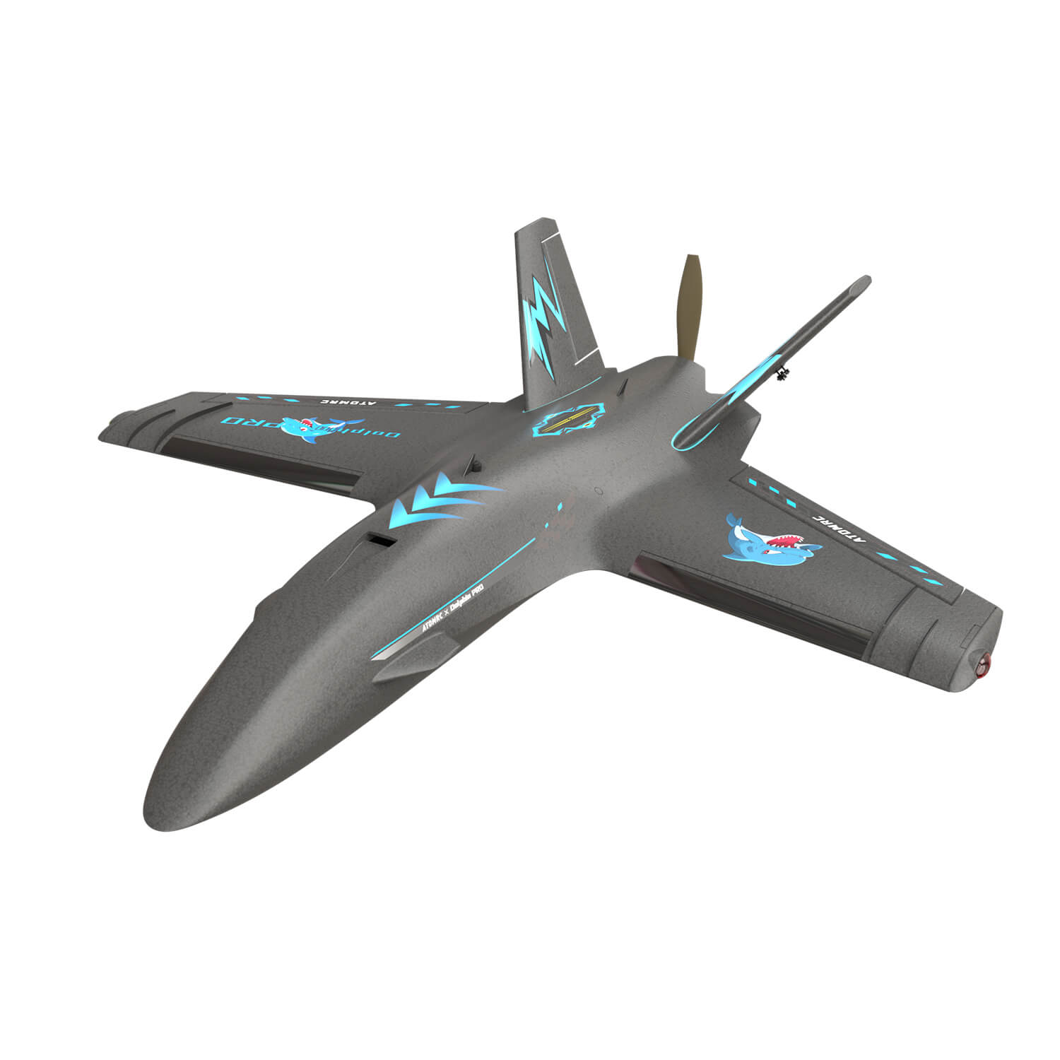 Black fixed-wing FPV aircraft angled top view showing canopy area, wings, and V-tail