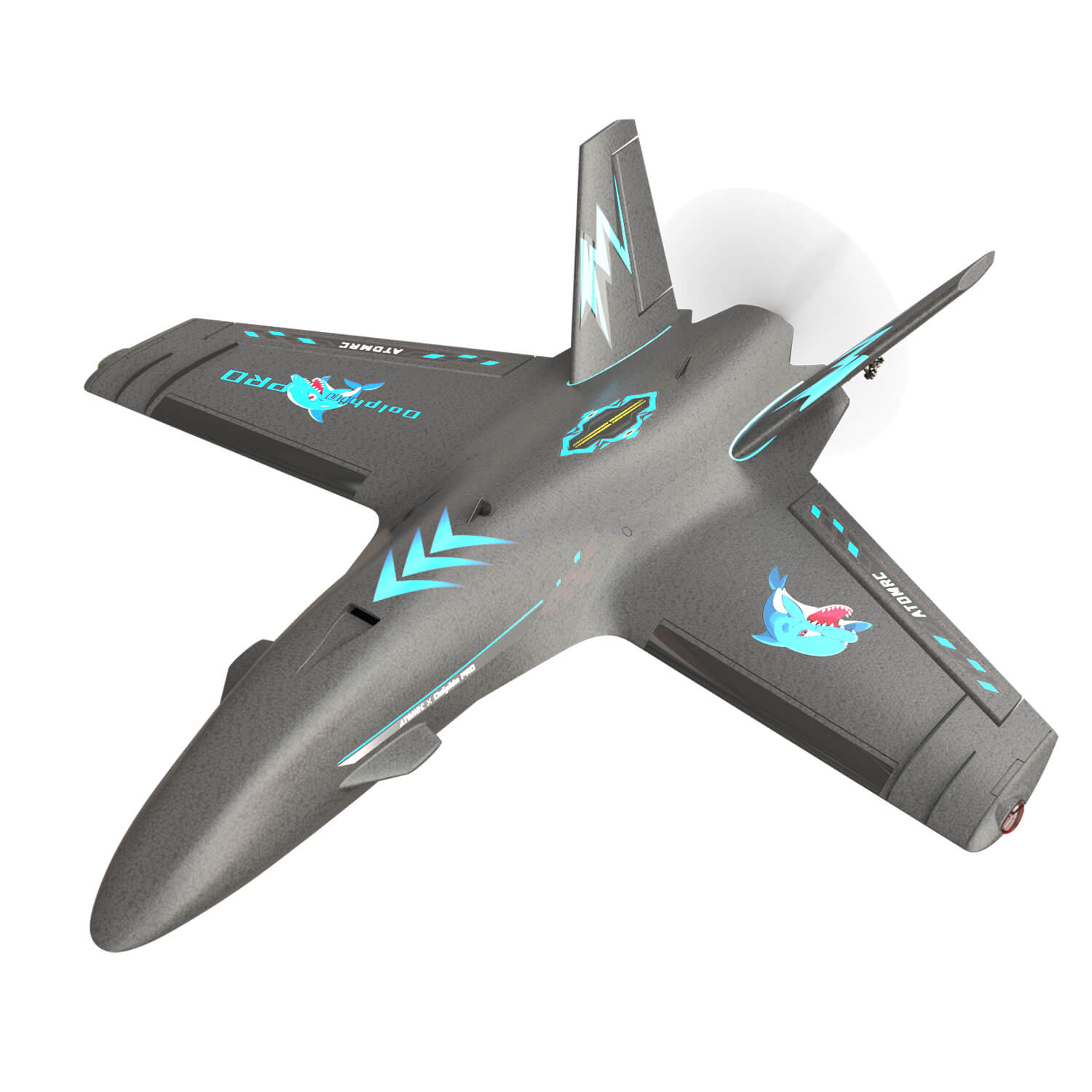 ATOMRC Dolphin Pro 800mm FPV fixed-wing aircraft, black V-tail pusher, 3/4 top view