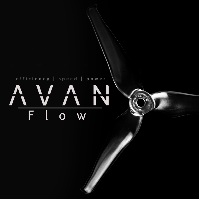Avan Flow three-blade propeller graphic on black background with AVAN Flow text
