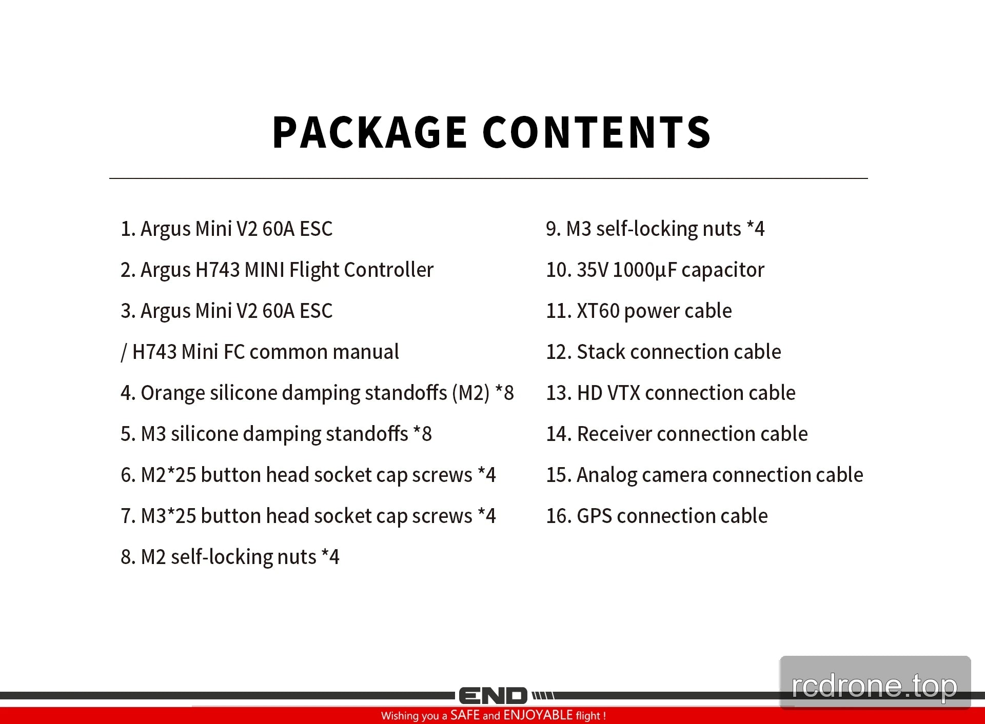 Package contents for the Argus Mini V2 60A ESC and H743 Mini flight controller stack