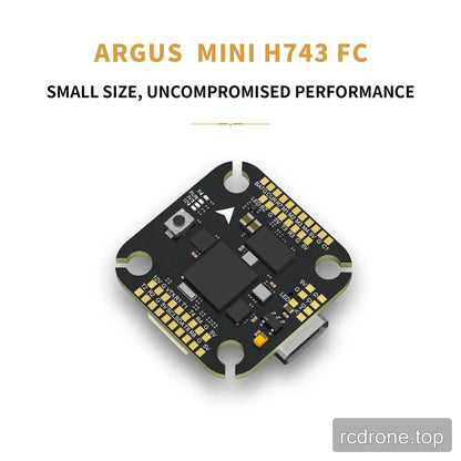Argus Mini H743 FC shown beneath the headline “Small Size, Uncompromised Performance” with underside components and USB-C port.