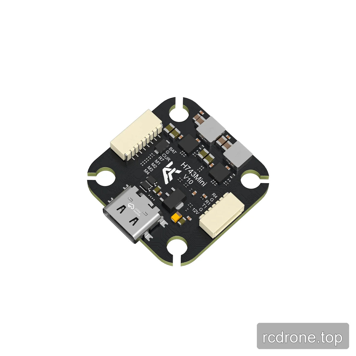 Angled front view of the Argus H743 Mini flight controller with USB-C port, two board connectors, and H743Mini V1.0 marking.