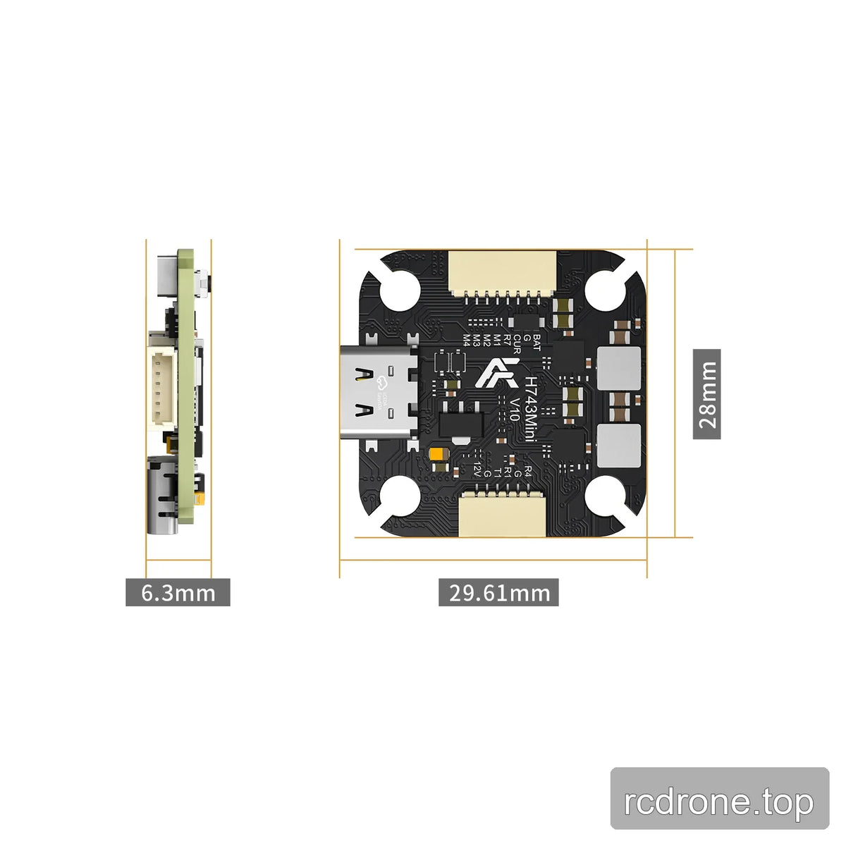 Dimension diagram of the Argus H743 Mini flight controller showing 29.61 mm width, 28 mm height, and 6.3 mm thickness.