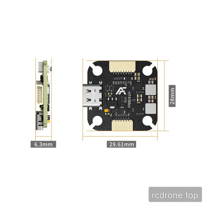 Dimension diagram of the Argus H743 Mini flight controller showing 29.61 mm width, 28 mm height, and 6.3 mm thickness.