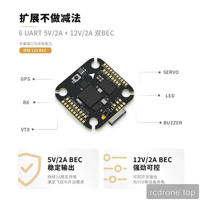 Argus Mini H743 board connection panel labeling GPS, RX, VTX, servo, LED, and buzzer, plus 5V/2A and 12V/2A BEC text.