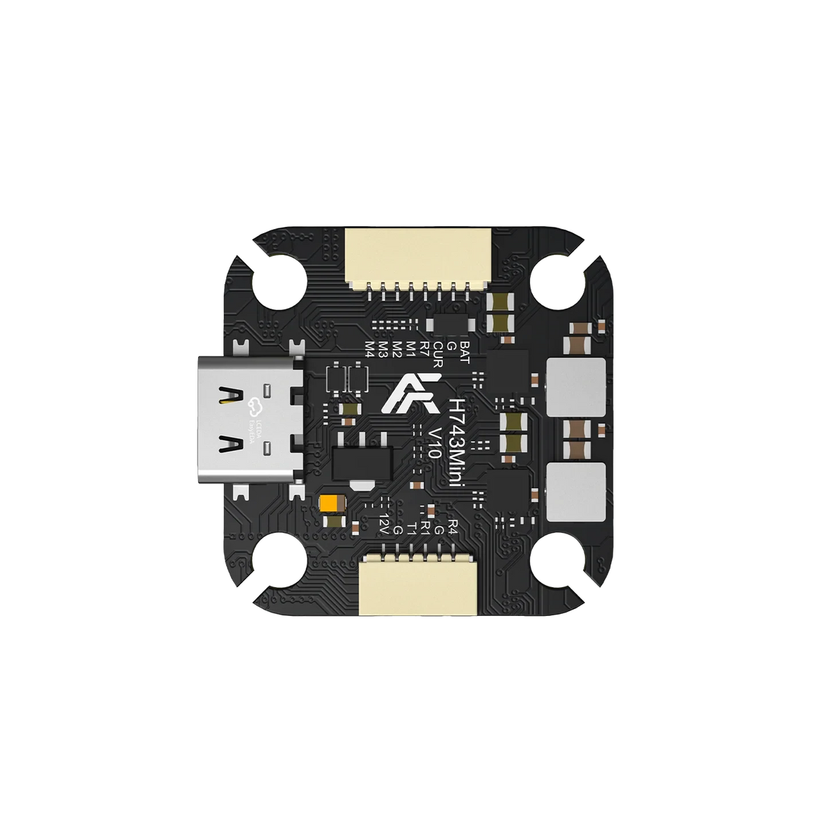 Front view of the Axisflying Argus H743 Mini flight controller with USB-C port, dual connectors, and labeled solder pads.