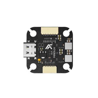 Front view of the Axisflying Argus H743 Mini flight controller with USB-C port, dual connectors, and labeled solder pads.