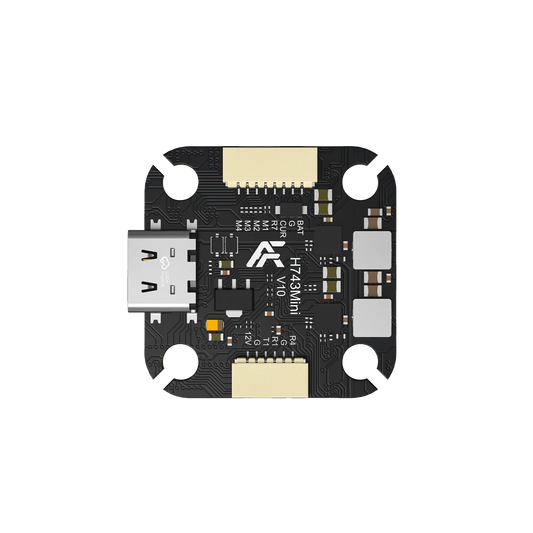 Front view of the Axisflying Argus H743 Mini flight controller with USB-C port, dual connectors, and labeled solder pads.