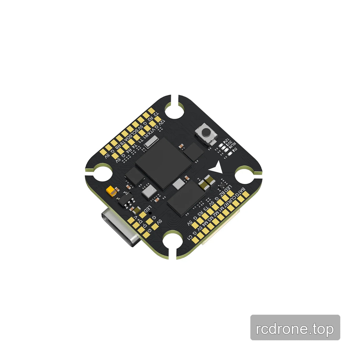 Angled rear view of the Argus H743 Mini flight controller showing the central processor, boot button, and labeled edge pads.