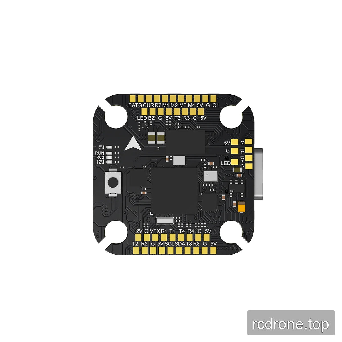 Rear side of the Argus H743 Mini flight controller showing gold solder pads, USB-C port, boot button, and pad labels.