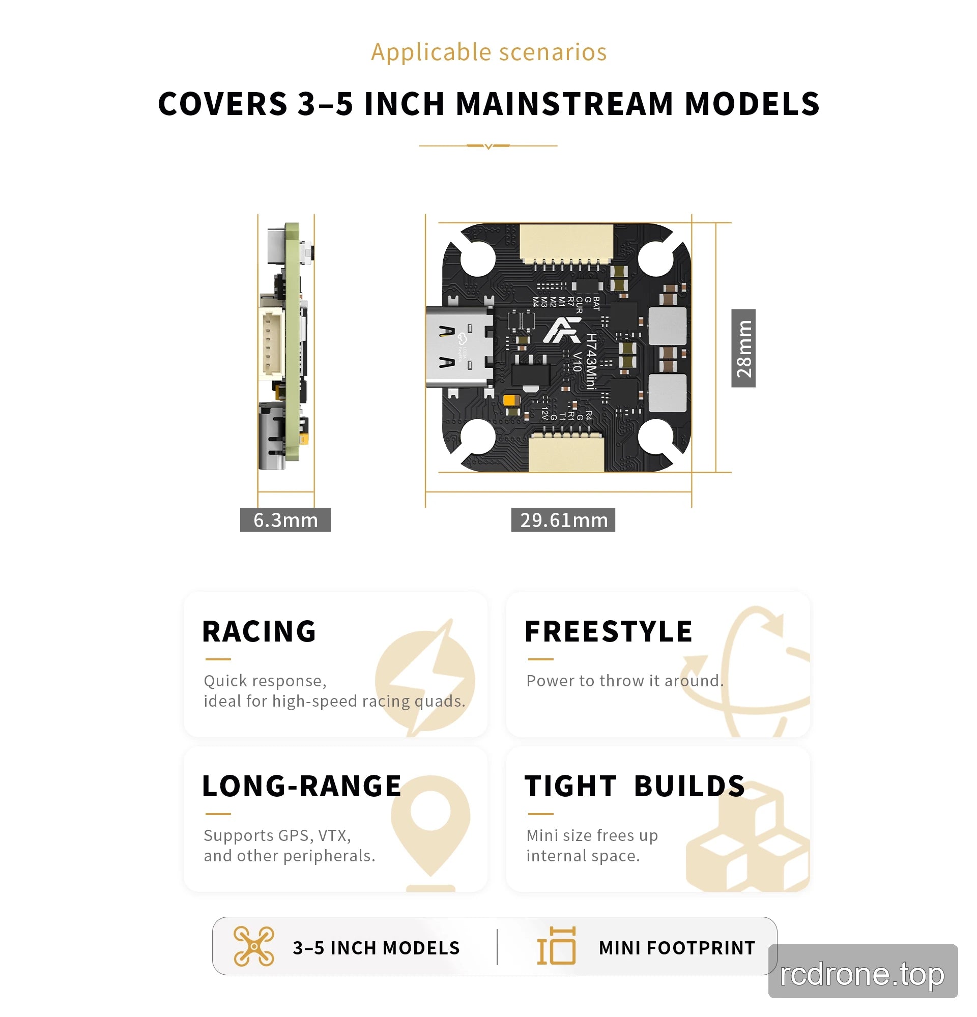 Argus Mini H743 flight controller dimensions and 3–5 inch build applications
