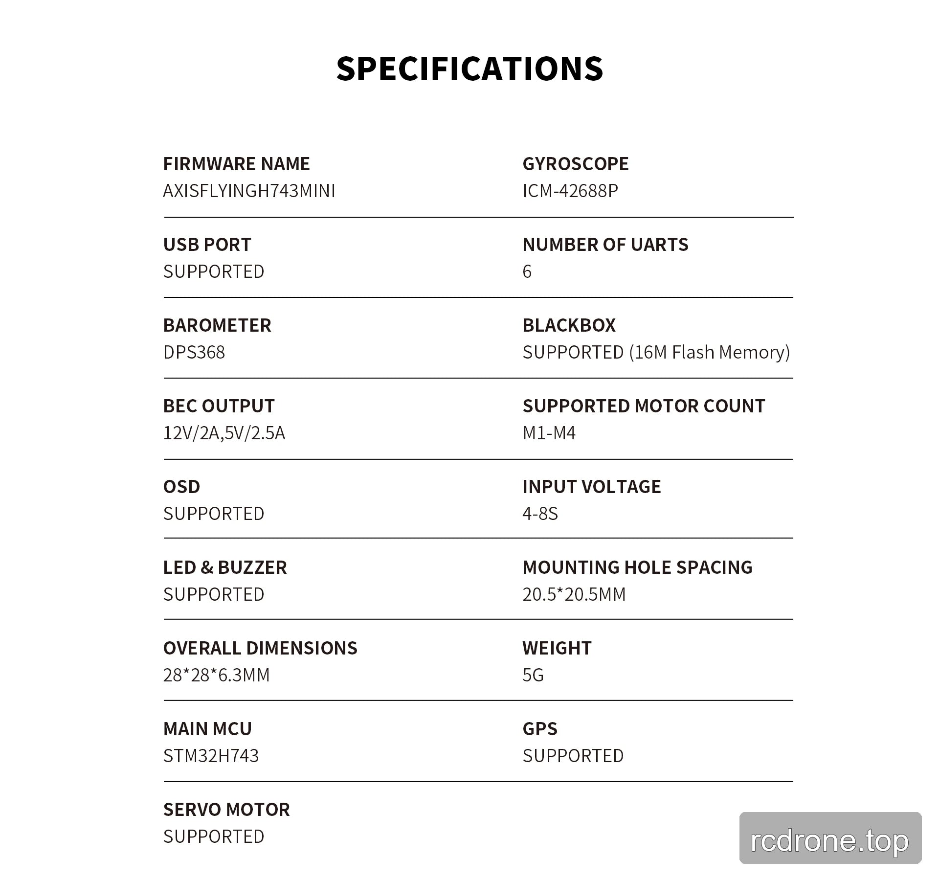 Argus Mini H743 flight controller specification table