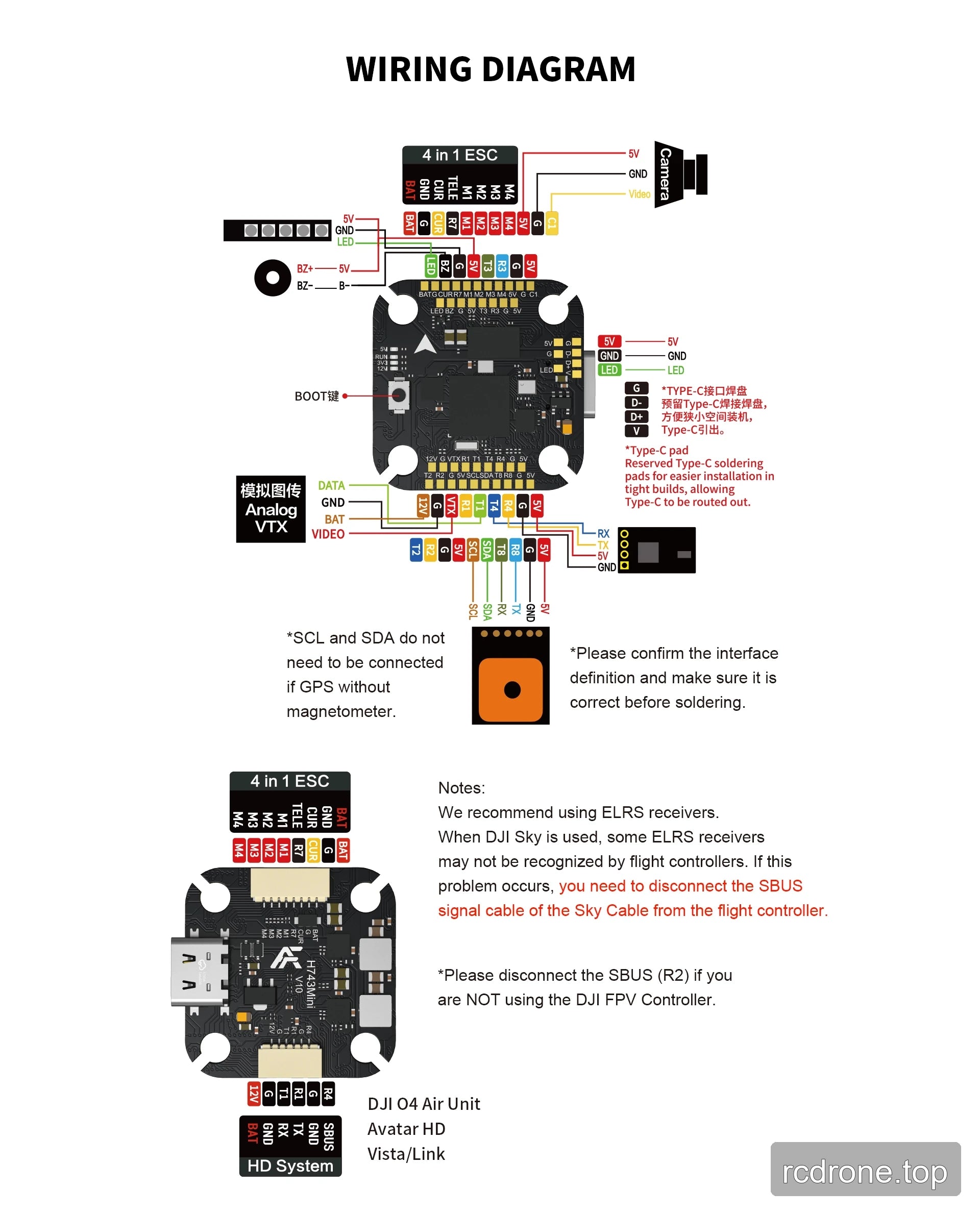 Argus Mini H743 flight controller wiring diagram for ESC, camera, VTX, GPS, receiver and HD systems