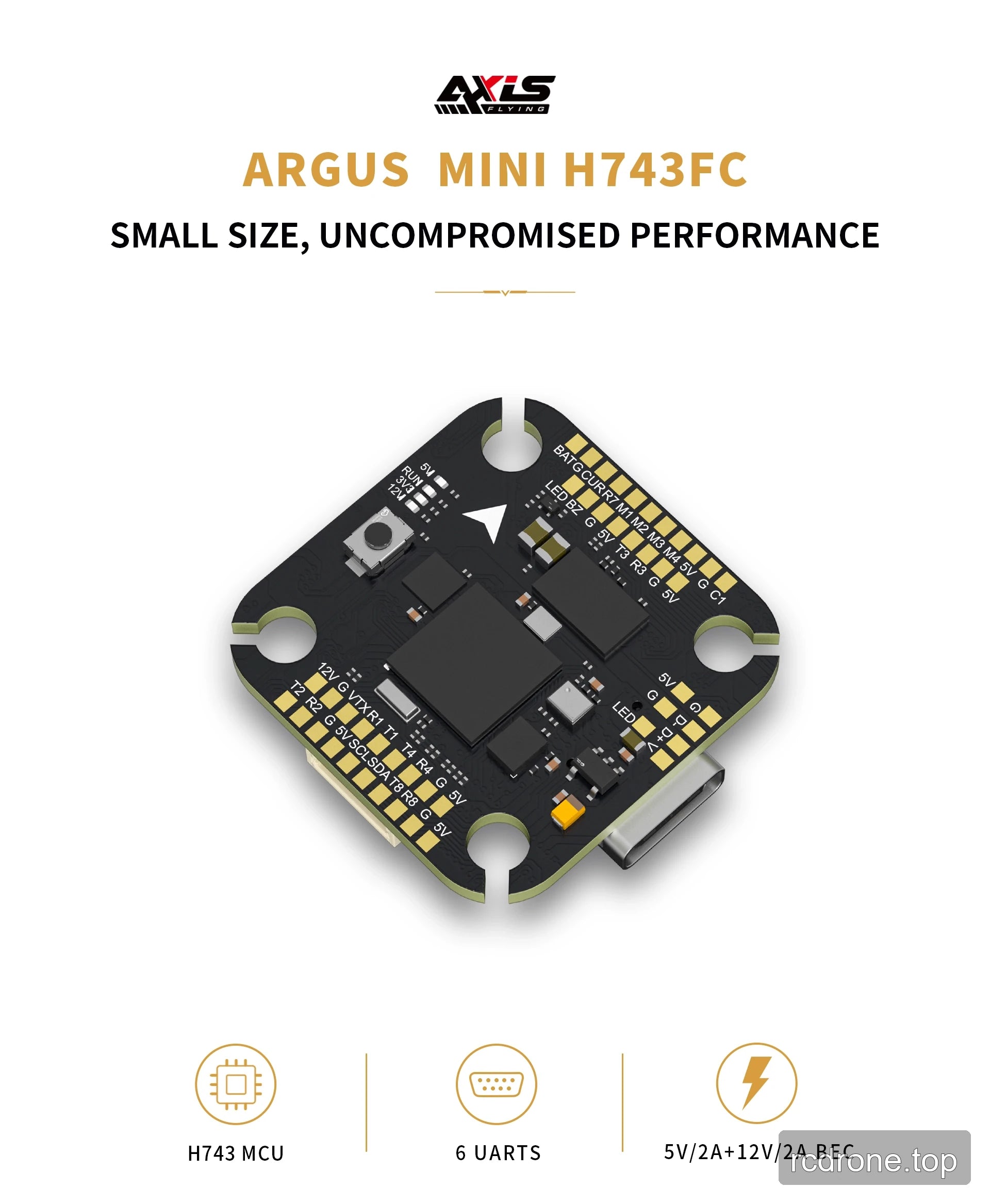 Axisflying Argus Mini H743 flight controller front view with H743 MCU, six UARTs and dual BEC outputs