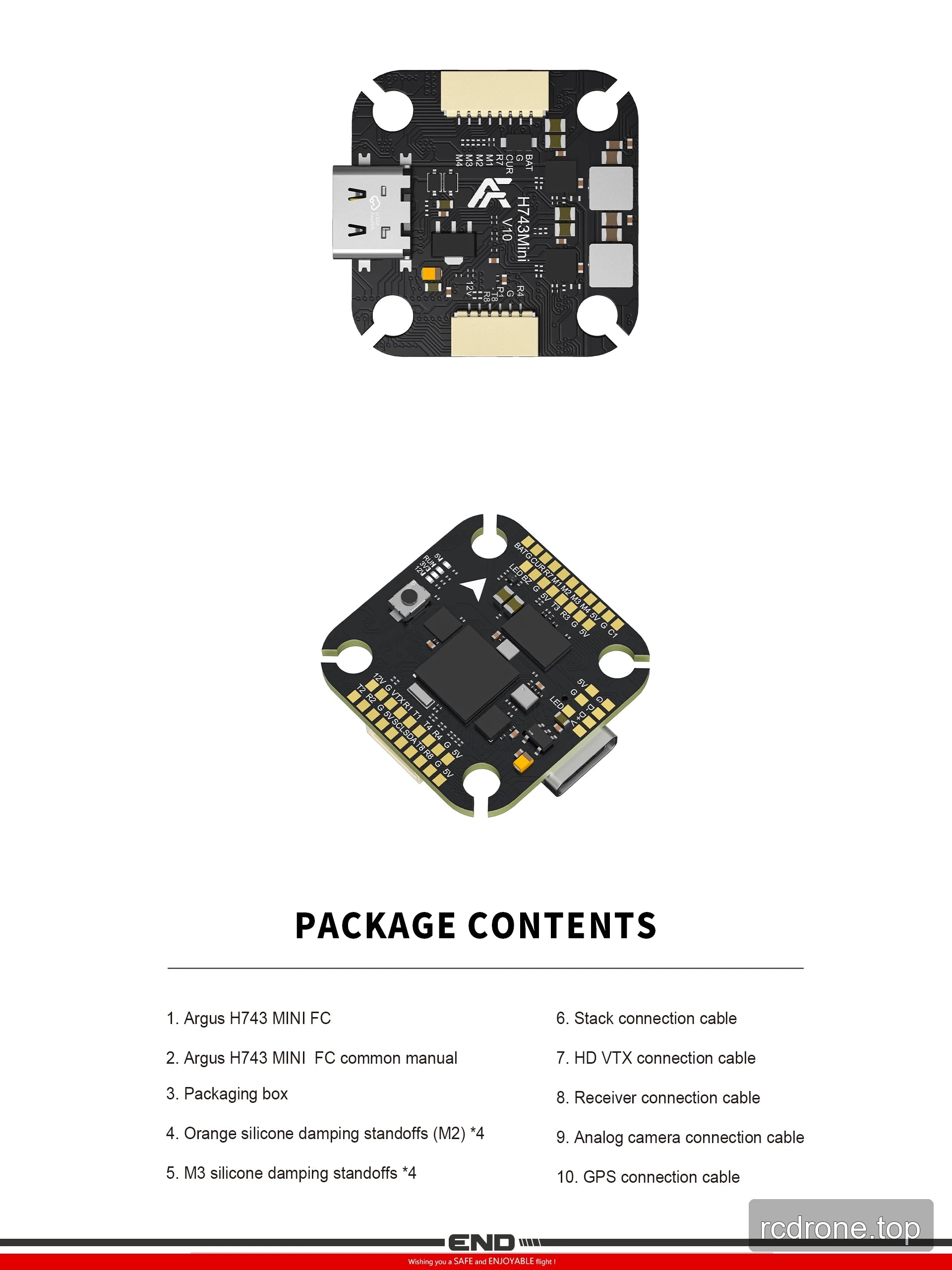 Axisflying Argus H743 Mini flight controller with included cables, standoffs and manual