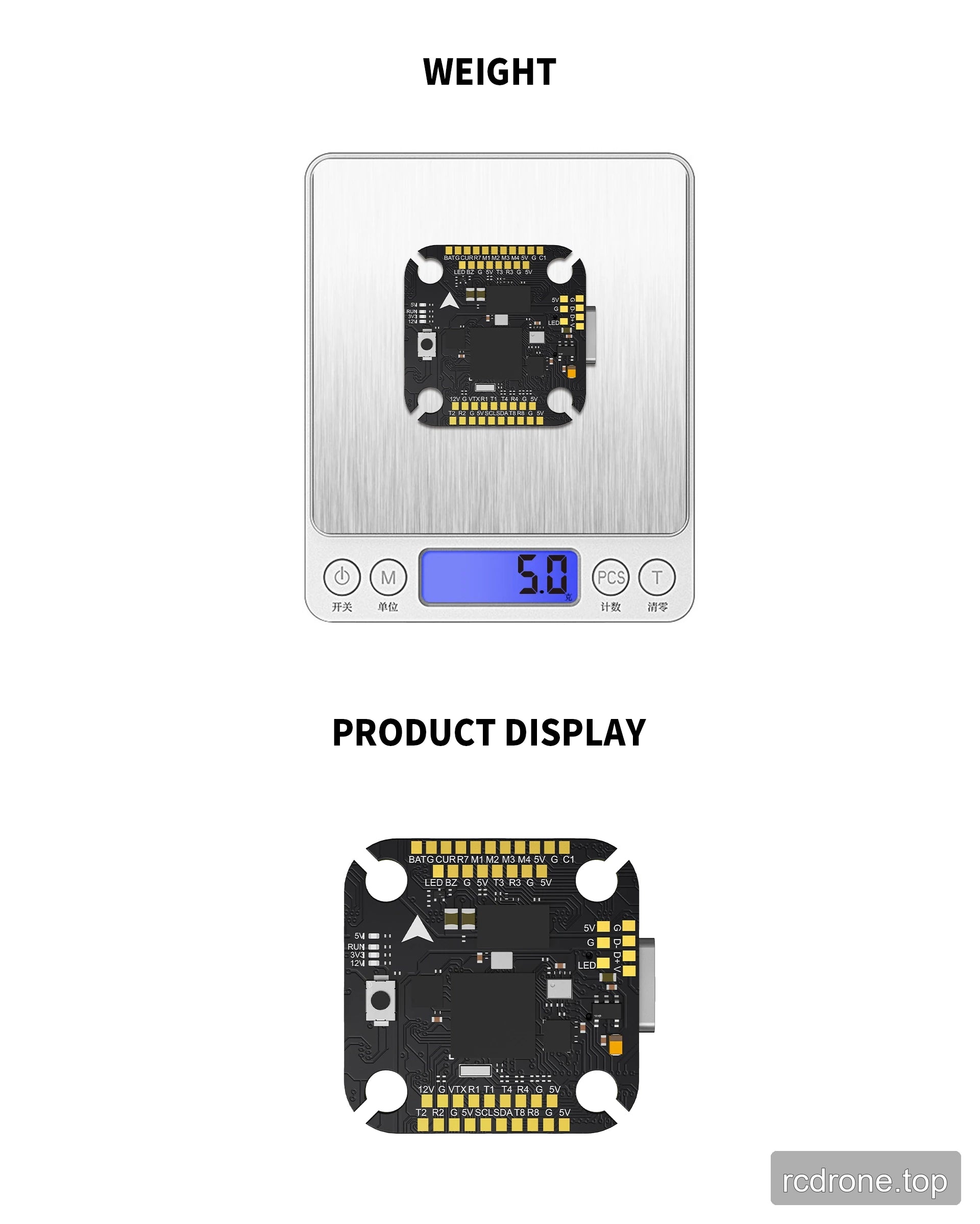 Argus Mini H743 flight controller on a scale reading 5.0 grams
