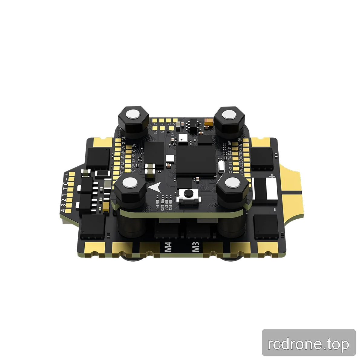 Top view of the assembled electronics stack with labeled edge pads, central chip, push button, and motor-pad markings.