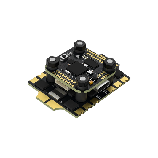 Angled render of the stacked flight-control boards with four mounting grommets, USB-C port, connector, and gold pads.