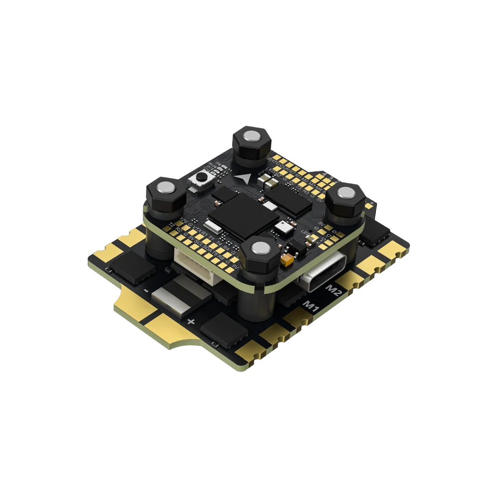 Angled render of the stacked flight-control boards with four mounting grommets, USB-C port, connector, and gold pads.