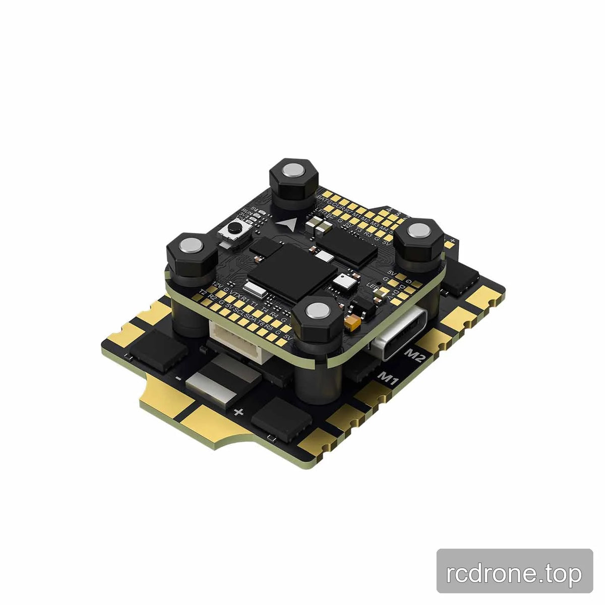 Close angled view of the compact two-board stack, highlighting the USB-C connector, white plug, gold pads, and mounting grommets.