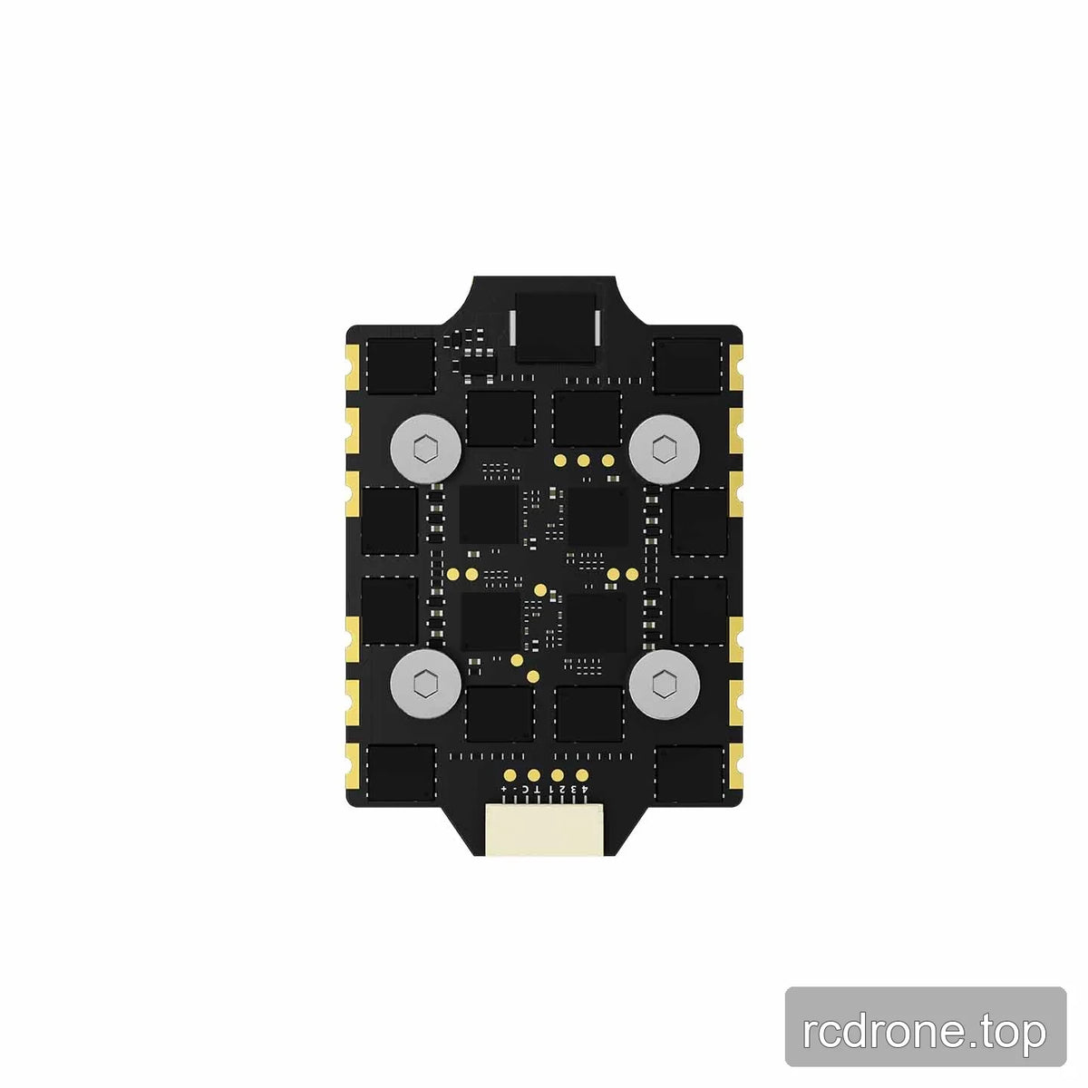 Underside view of a black circuit board with four metal mounting points, surface components, gold test pads, and a white connector.