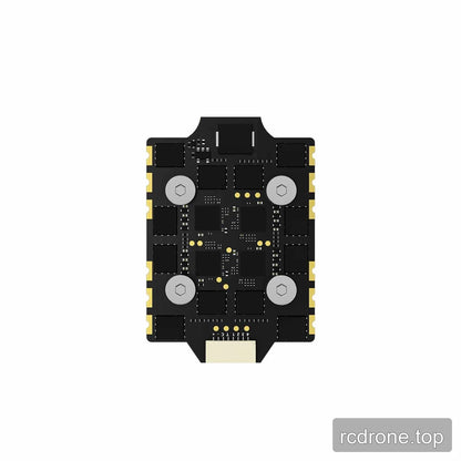 Underside view of a black circuit board with four metal mounting points, surface components, gold test pads, and a white connector.