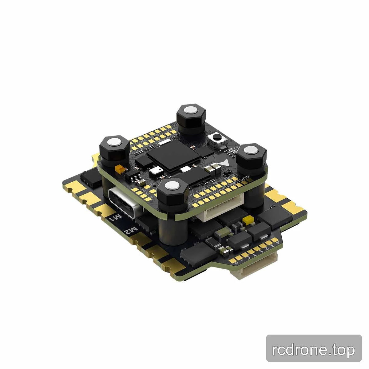 Angled view of the electronics stack with USB-C port in front, white connector below, push button, gold pads, and mounting grommets.