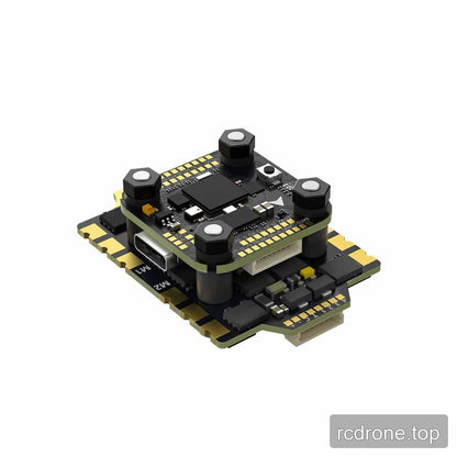 Angled view of the electronics stack with USB-C port in front, white connector below, push button, gold pads, and mounting grommets.