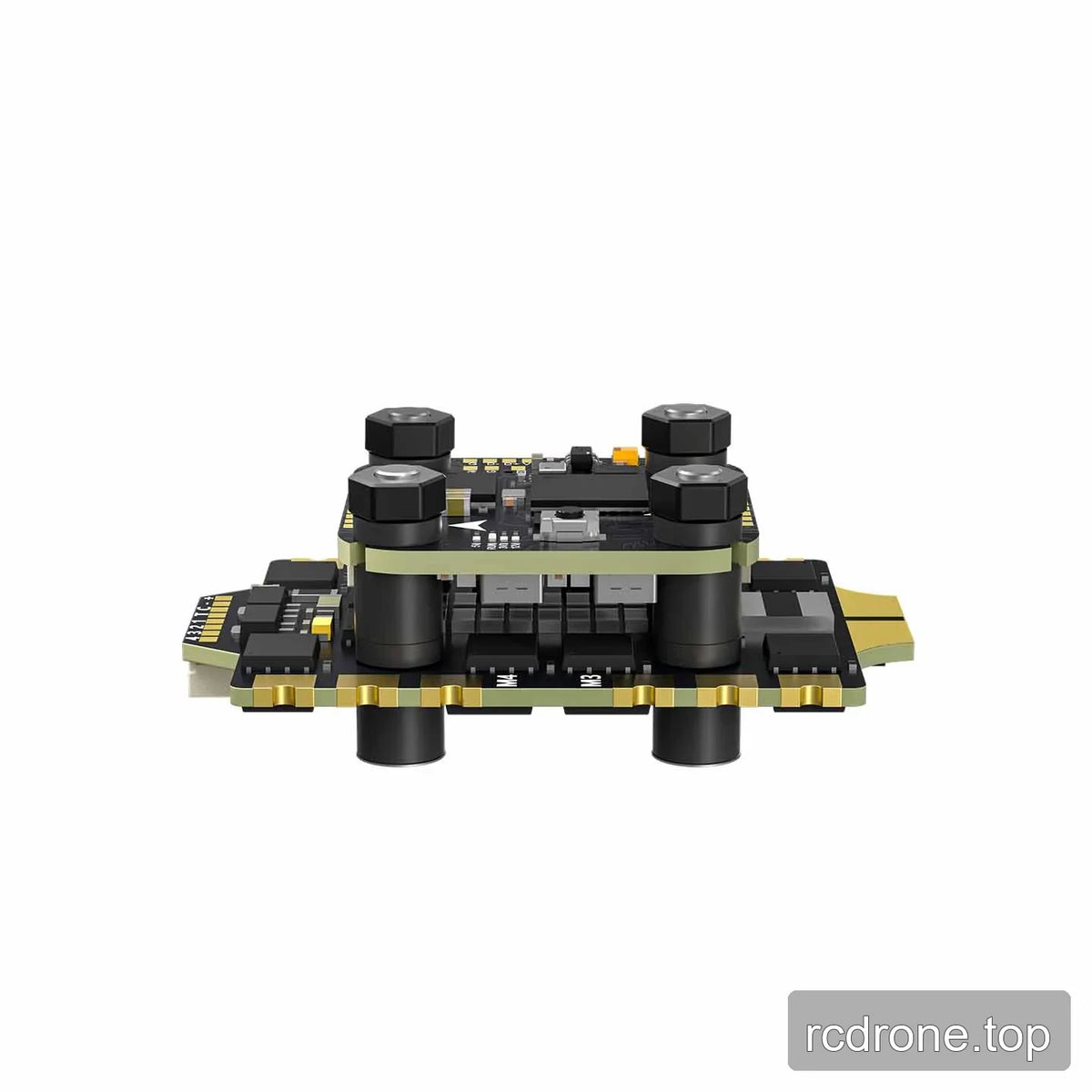 Low side profile of the stacked circuit boards, showing board spacing, four mounting grommets, edge pads, and M3 and M4 labels.
