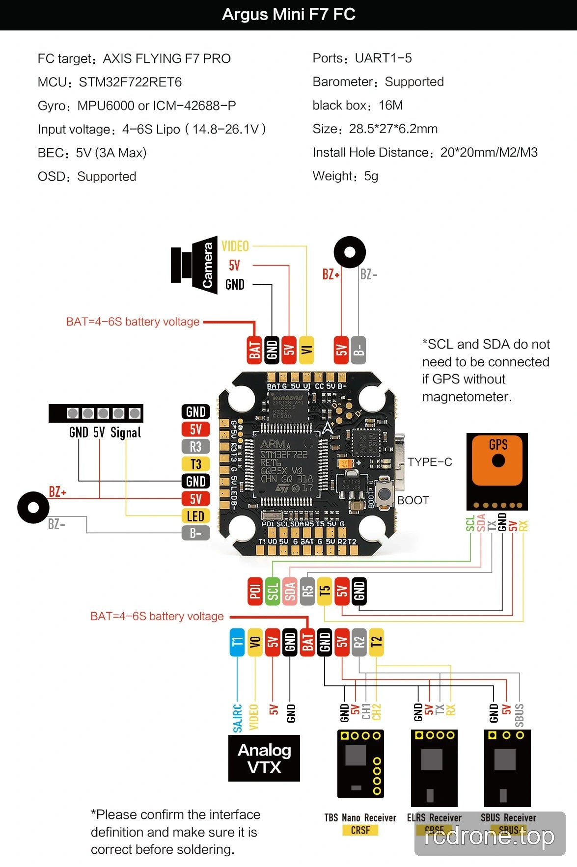 AxisFlying Argus Mini F7 flight controller specification and wiring pad diagram