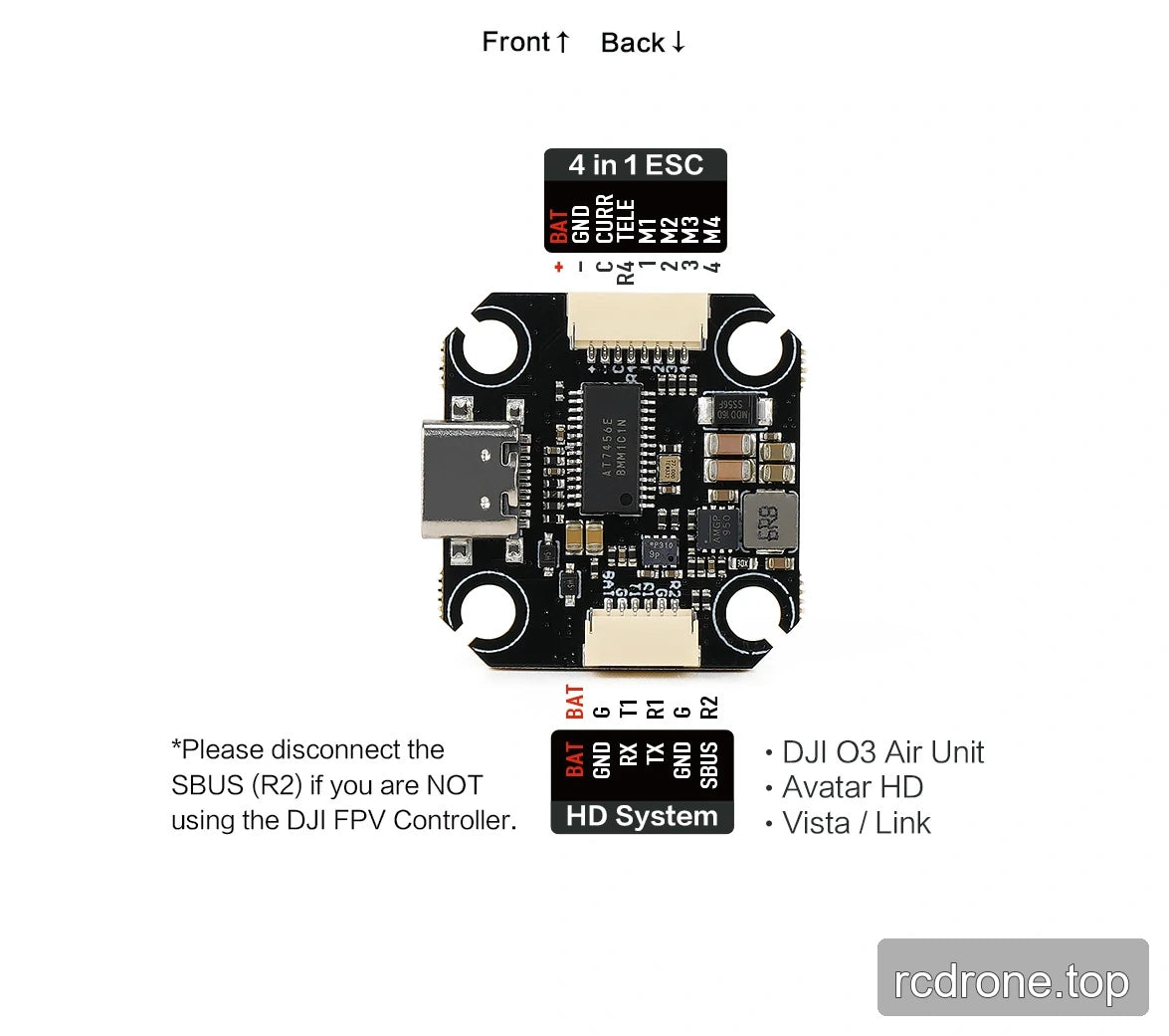 Argus Mini F7 board connector diagram for 4-in-1 ESC and HD system