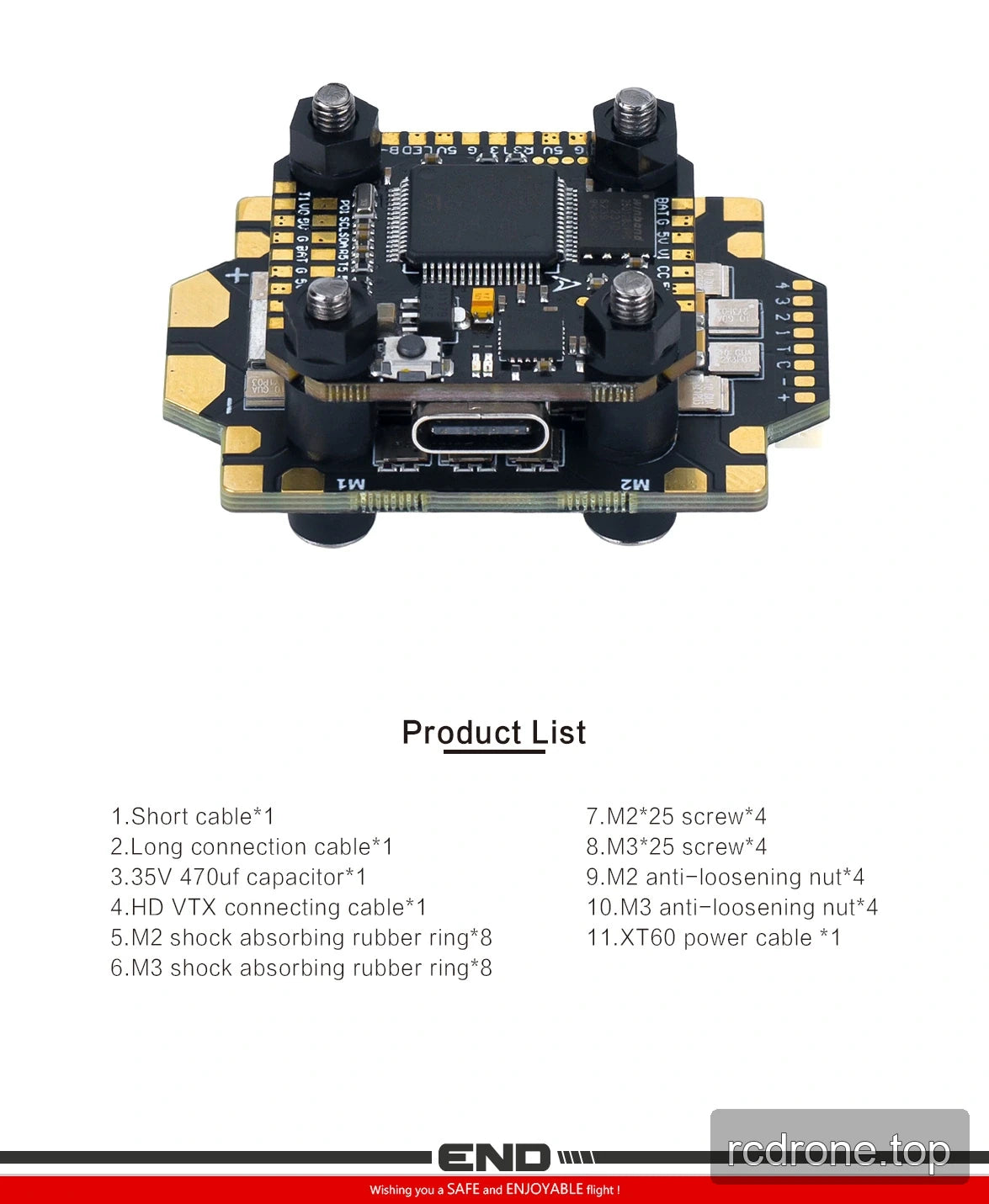Two-board drone electronics stack with cables and mounting hardware